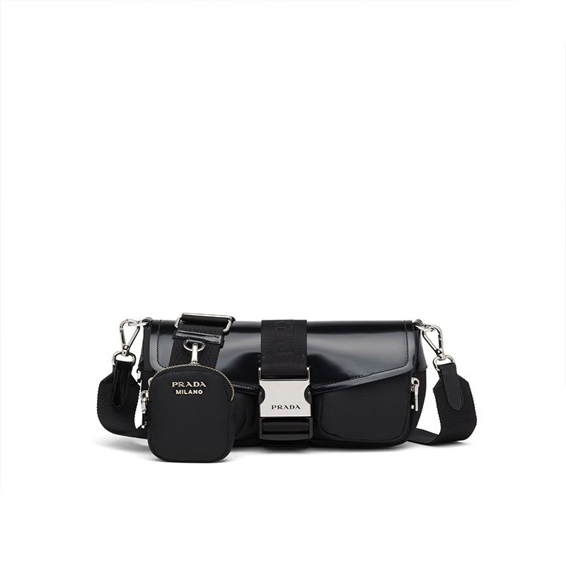 Prada 1BD295 Nylon And Brushed Leather Pocket Bag In Black