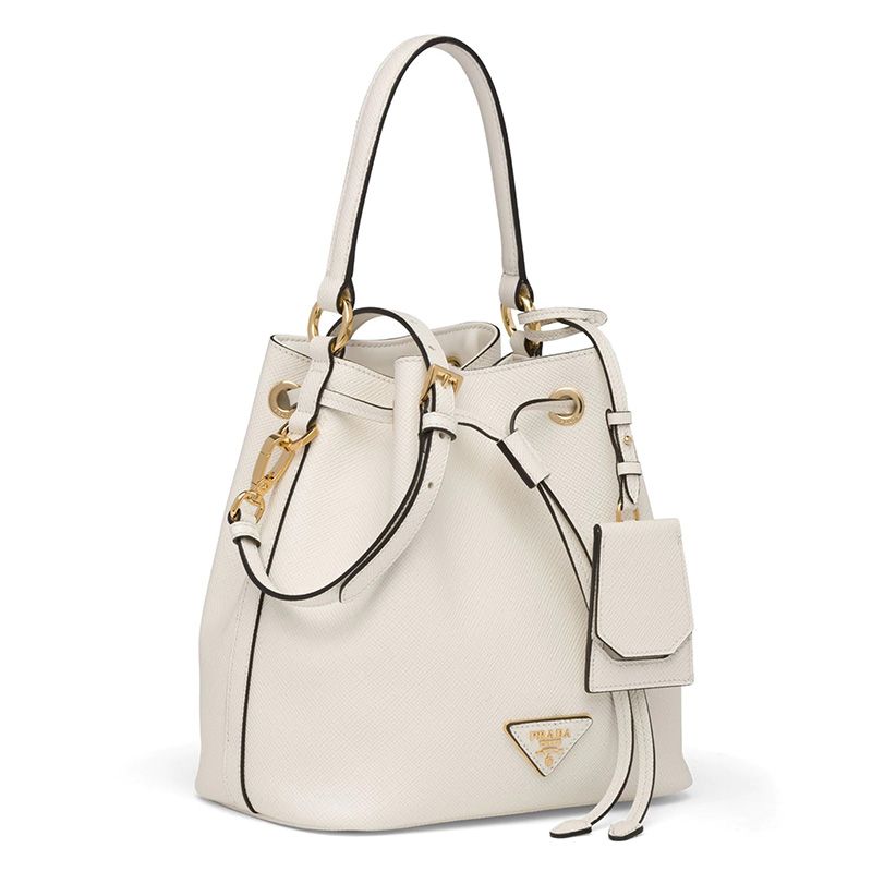 Prada 1BE032 Saffiano Leather Bucket Bag In White