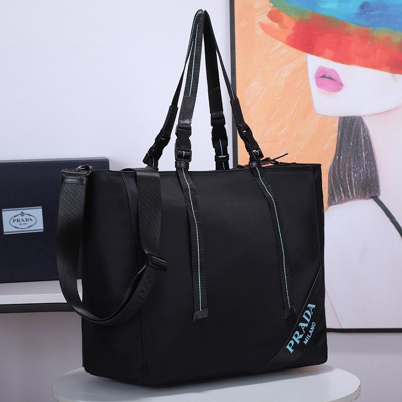 Prada 1BG062 Nylon And Saffiano Leather Tote In Black/Blue