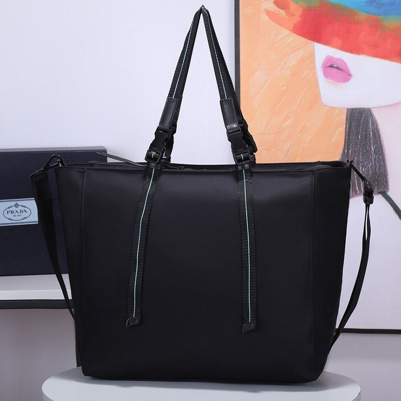 Prada 1BG062 Nylon And Saffiano Leather Tote In Black/Blue