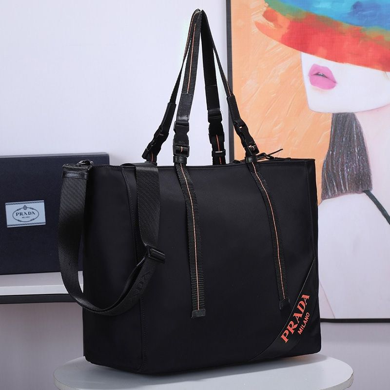 Prada 1BG062 Nylon And Saffiano Leather Tote In Black/Orange