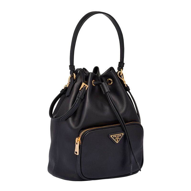 Prada 1BH038 Calf Leather Bucket Bag In Black