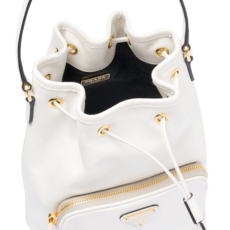 Prada 1BH038 Calf Leather Bucket Bag In White