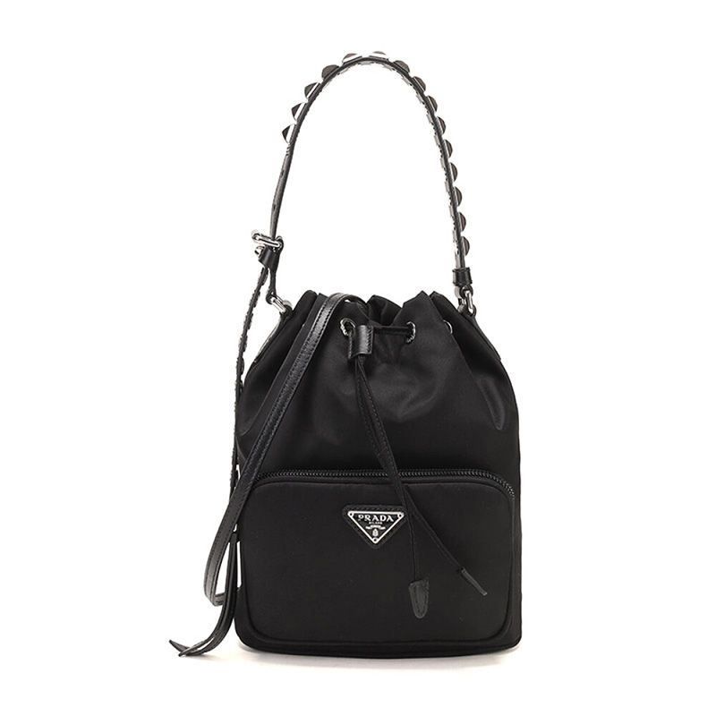 Prada 1BH038 Studded Nylon Bucket Bag In Black