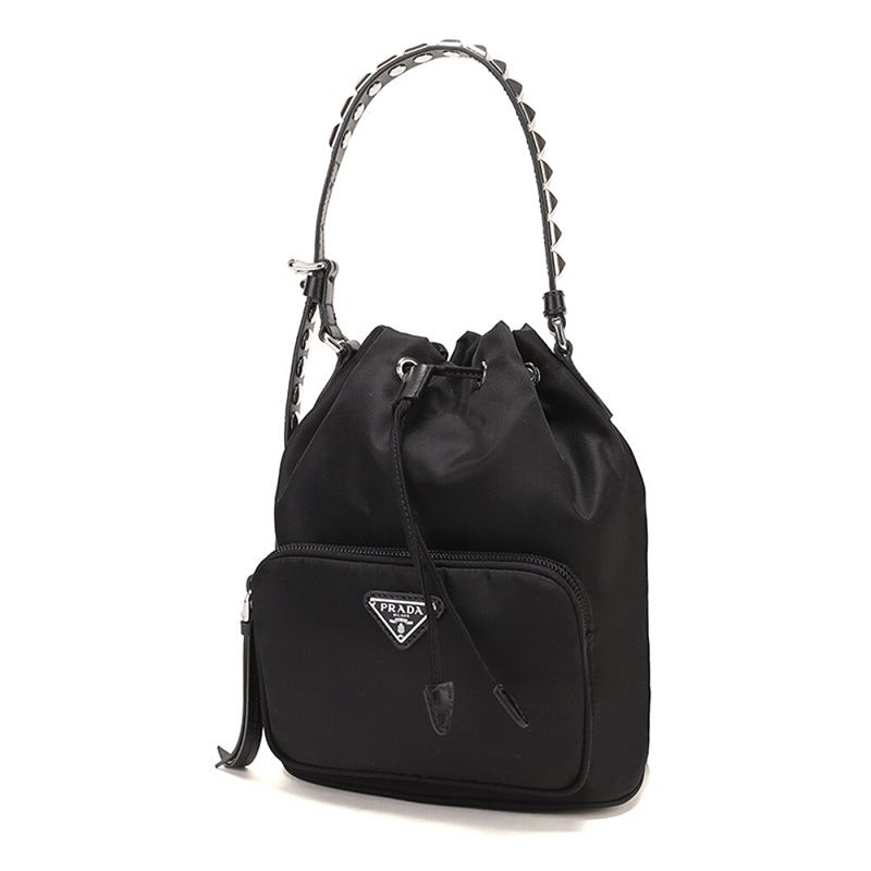 Prada 1BH038 Studded Nylon Bucket Bag In Black