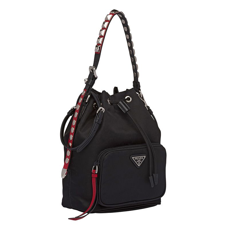 Prada 1BH038 Studded Nylon Bucket Bag In Black/Red