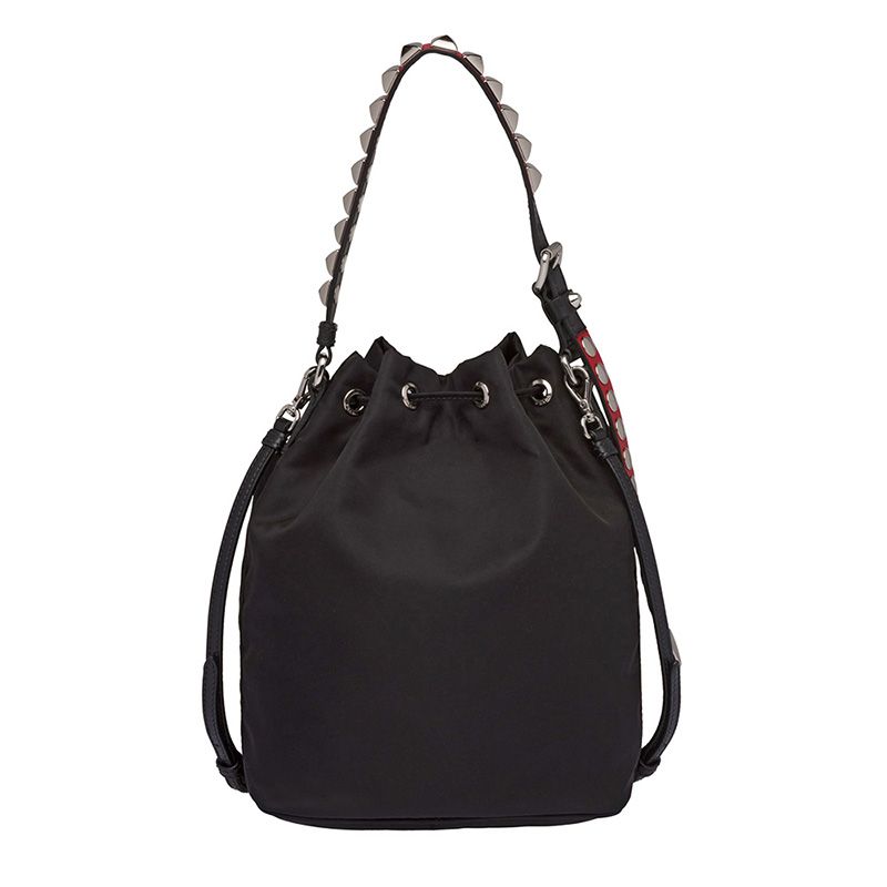 Prada 1BH038 Studded Nylon Bucket Bag In Black/Red