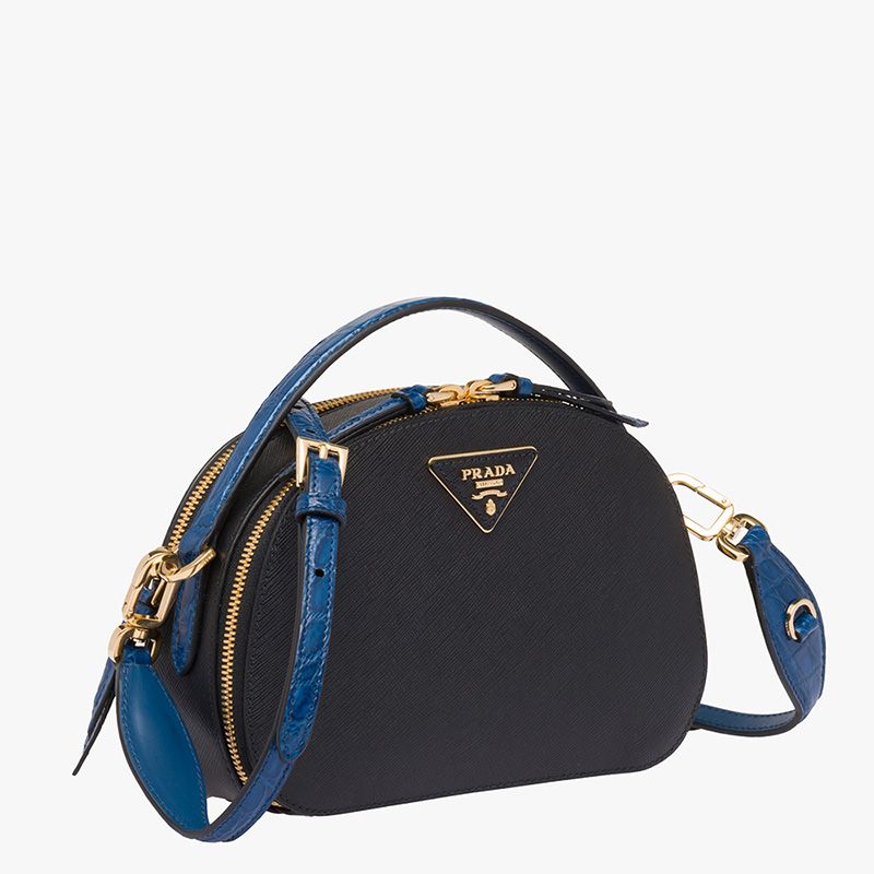 Prada 1BH123 Saffiano and Crocodile Leather Odette Bag In Black/Blue