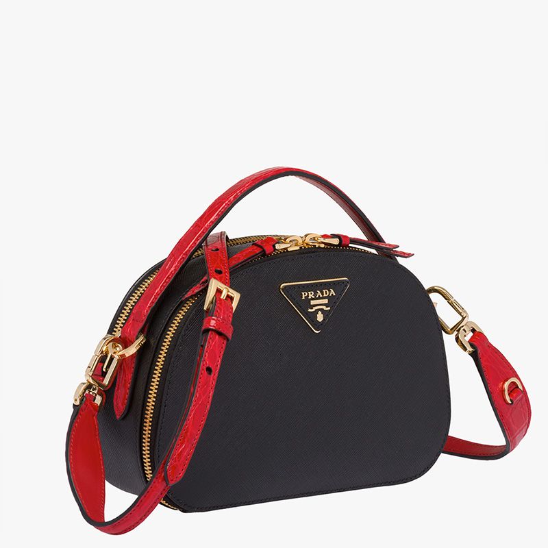 Prada 1BH123 Saffiano and Crocodile Leather Odette Bag In Black/Red