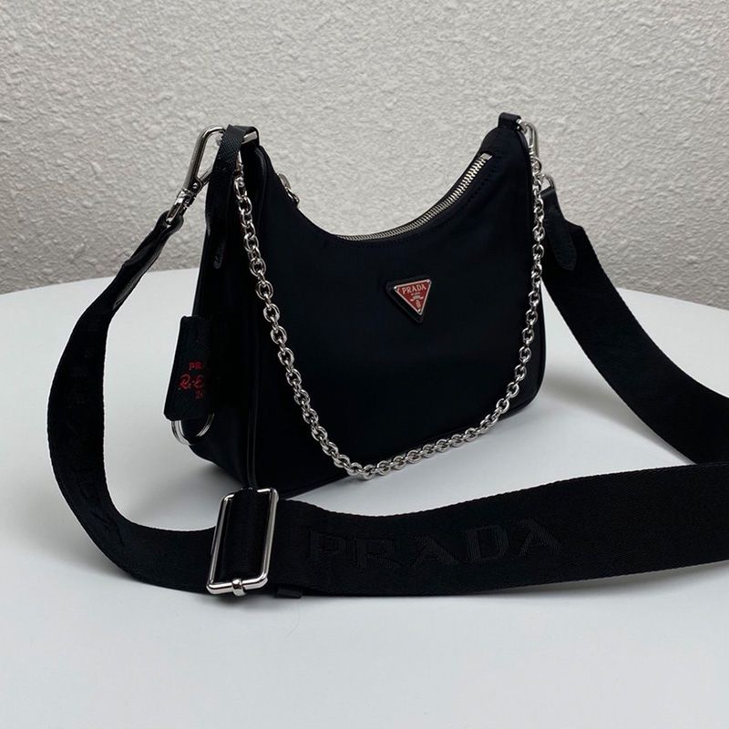 Prada 1BH204 Nylon Hobo Bag In Black/Red