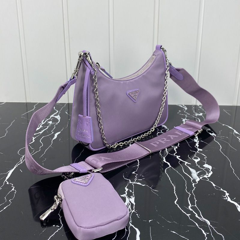 Prada 1BH204 Nylon Hobo Bag In Light Purple