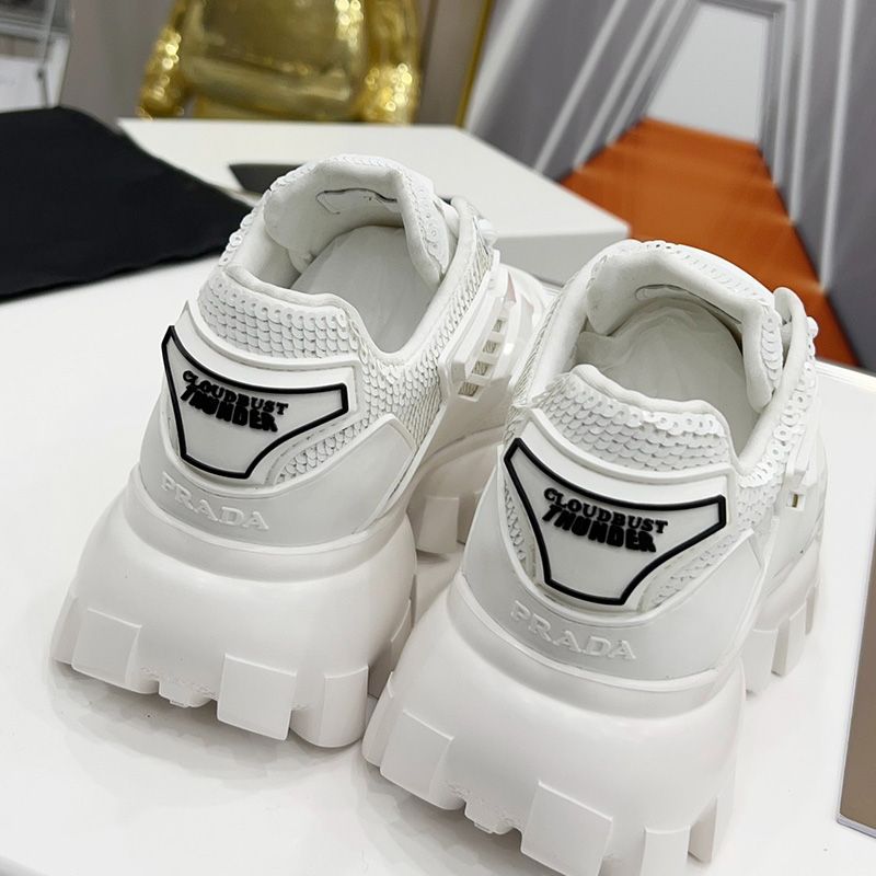 Prada 1E786M Cloudbust Thunder Sequin Sneakers Unisex In White