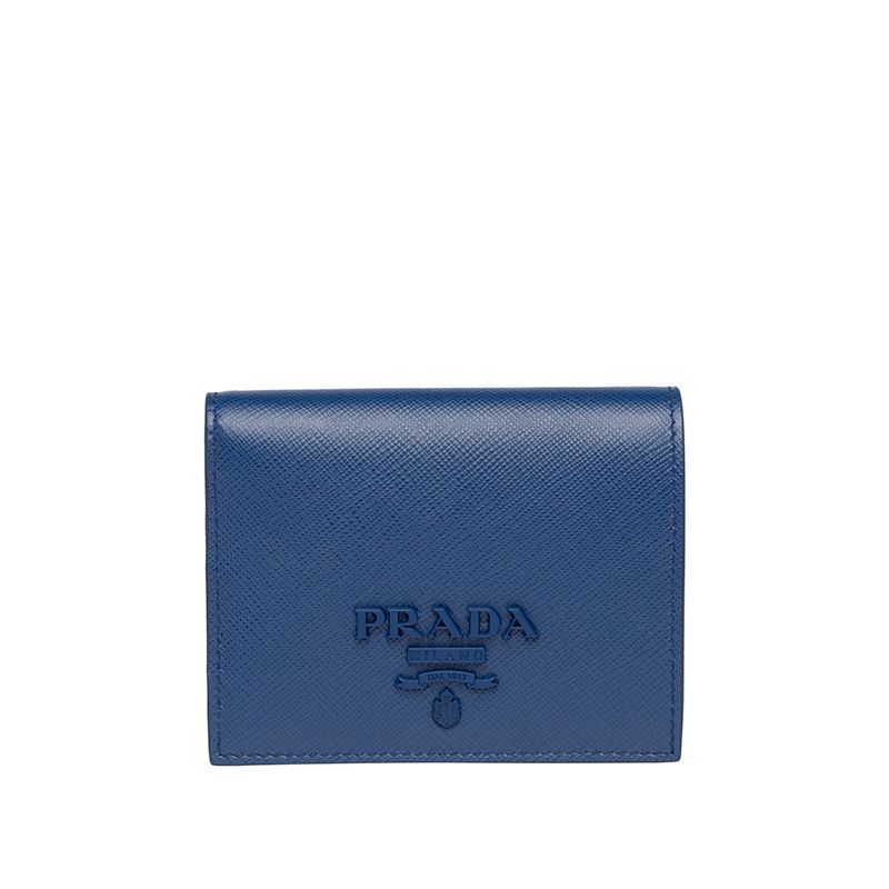 Prada 1MV204 Color-rich Lettering Saffiano Leather Bifold Wallet In Blue
