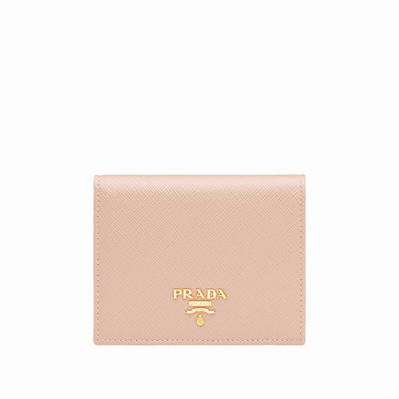Prada 1MV204 Lettering Saffiano Leather Bifold Wallet In Apricot