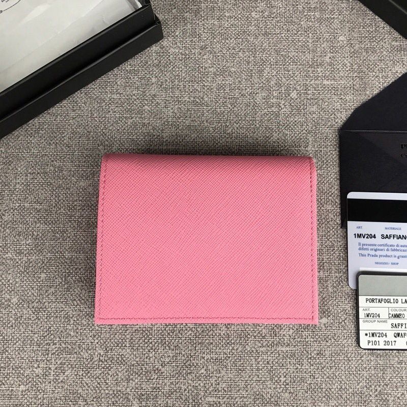 Prada 1MV204 Lettering Saffiano Leather Bifold Wallet In Pink