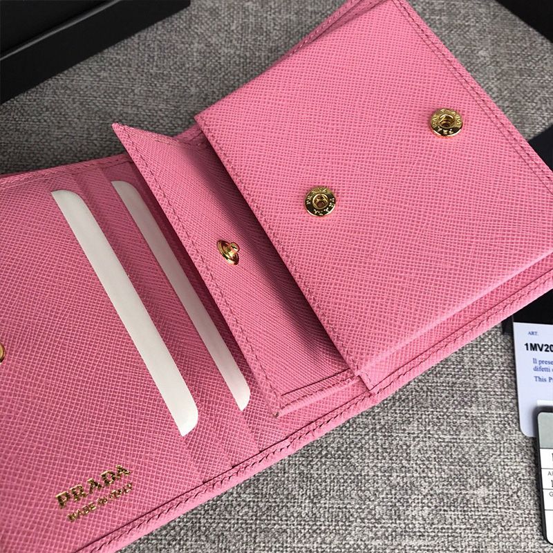 Prada 1MV204 Lettering Saffiano Leather Bifold Wallet In Pink