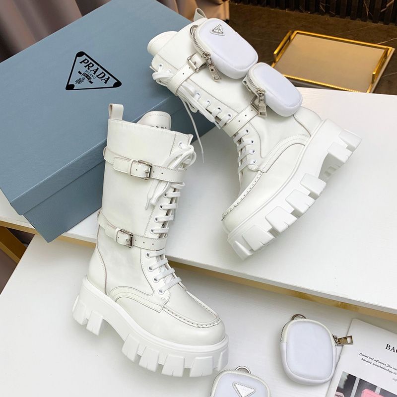 Prada 1W257M Monolith Sheepskin Biker Boots Women In White