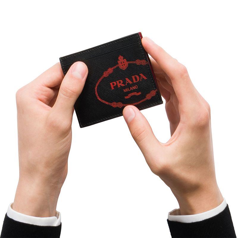 Prada 2MC223 Silk-screened Logo Saffiano Leather Card Holder In Black/Red