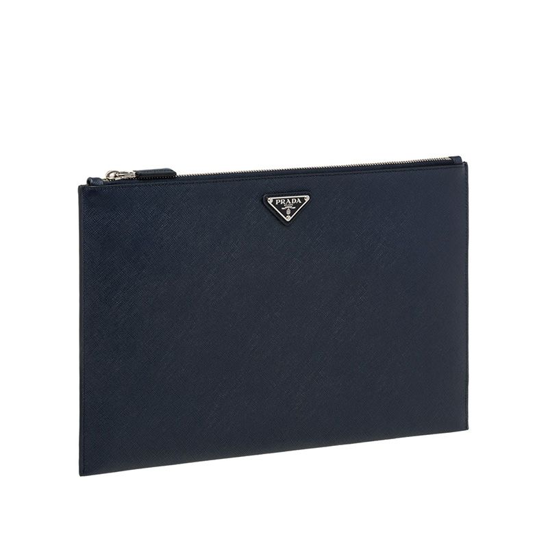 Prada 2NG001 Triangle Saffiano Leather Clutch In Navy Blue