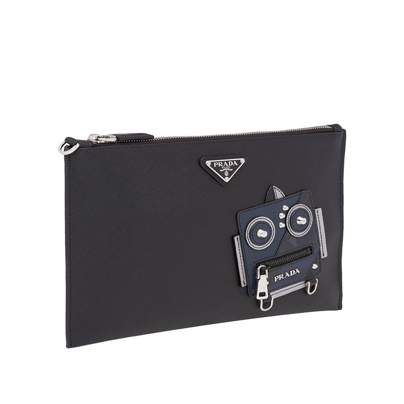 Prada 2NG005 Robot Saffiano Leather Clutch In Black/Blue