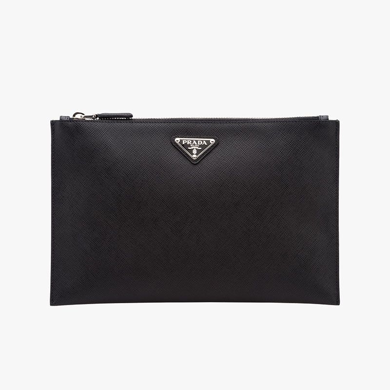 Prada 2NG005 Triangle Saffiano Leather Clutch In Black