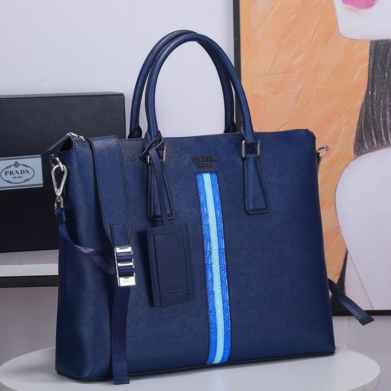 Prada 2NG044 Ribbon Saffiano Leather Briefcase In Blue