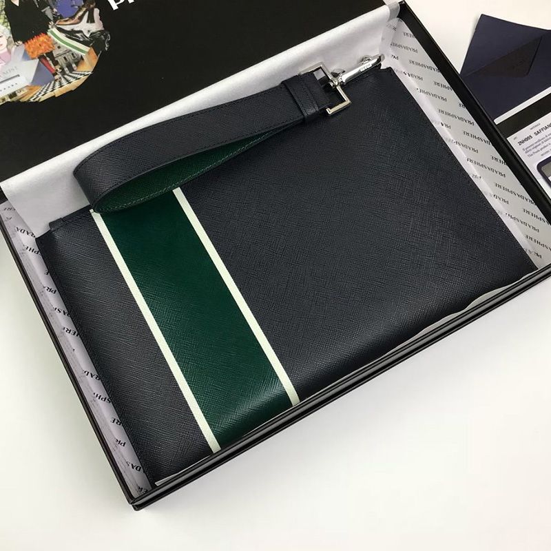 Prada 2NH005 Ribbon Saffiano Leather Clutch In Black/Green