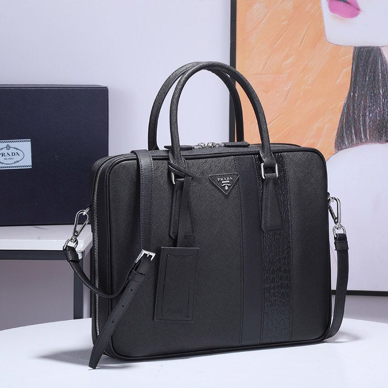 Prada 2VE011 Corcodile and Saffiano Leather Briefcase In Black