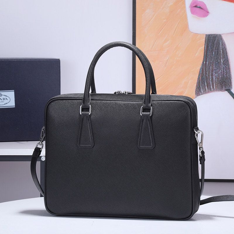 Prada 2VE011 Corcodile and Saffiano Leather Briefcase In Black