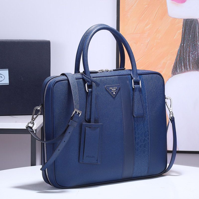 Prada 2VE011 Corcodile and Saffiano Leather Briefcase In Blue