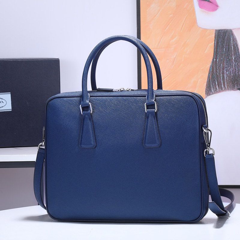 Prada 2VE011 Corcodile and Saffiano Leather Briefcase In Blue