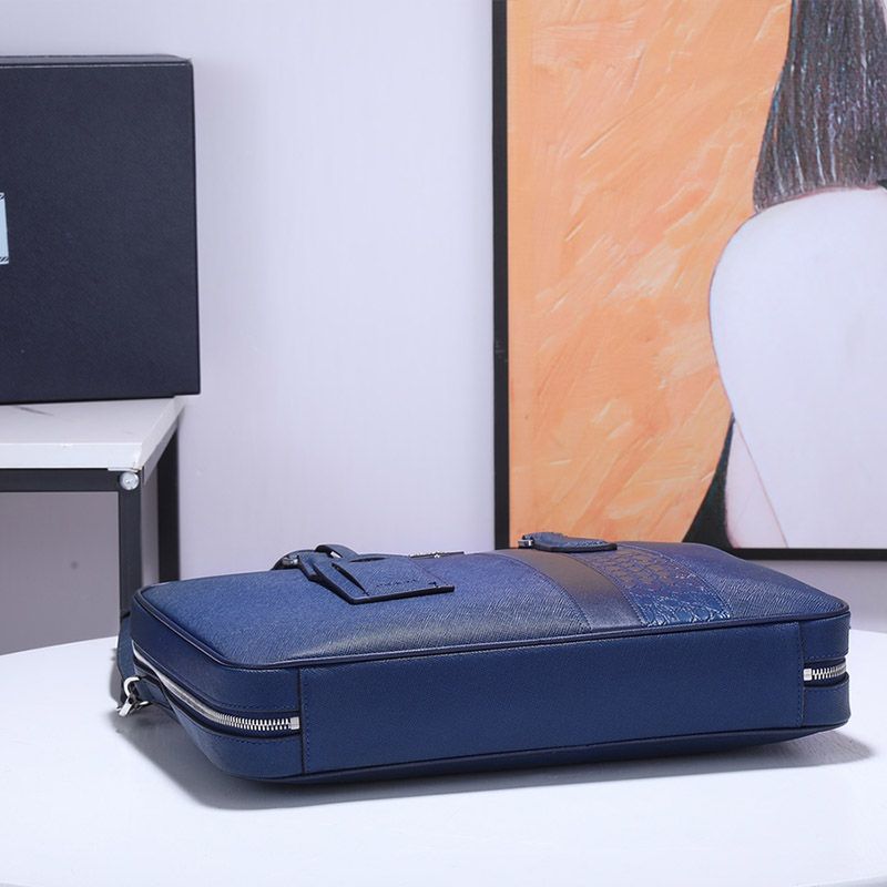 Prada 2VE011 Corcodile and Saffiano Leather Briefcase In Blue