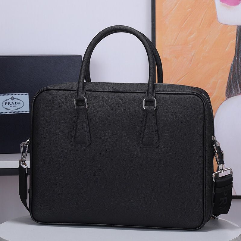 Prada 2VE363 Side Triangle Saffiano Leather Briefcase In Black