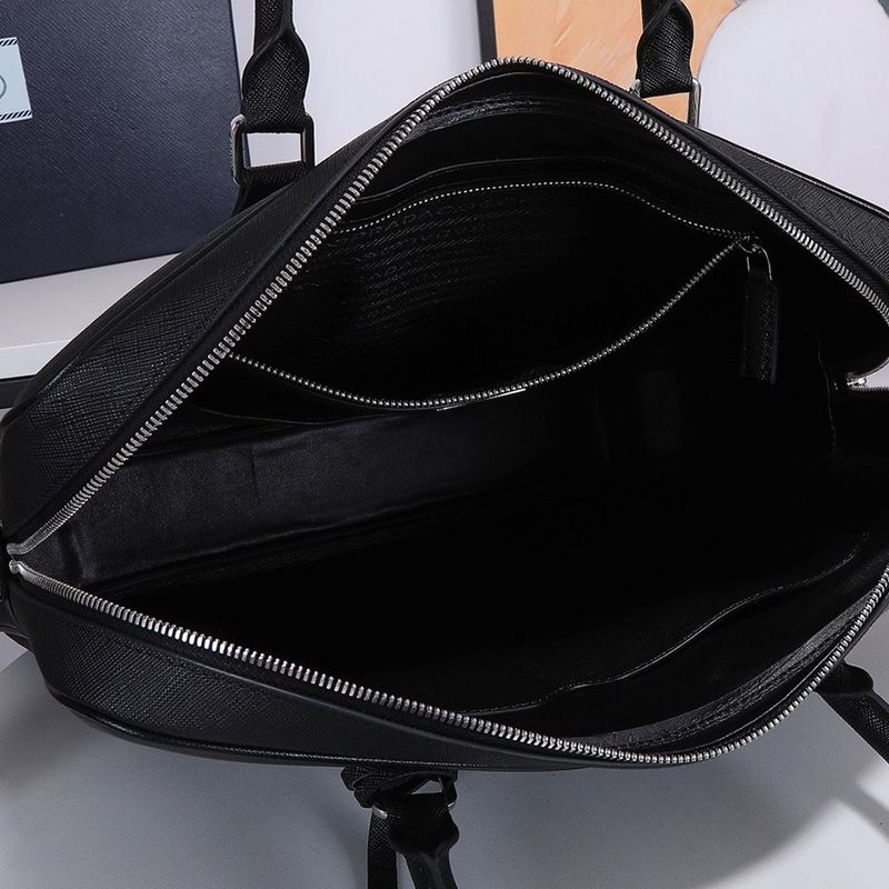 Prada 2VE363 Side Triangle Saffiano Leather Briefcase In Black