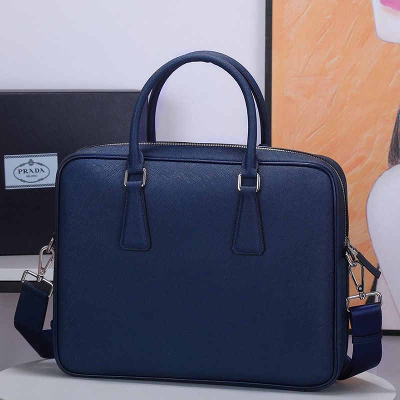 Prada 2VE363 Side Triangle Saffiano Leather Briefcase In Blue