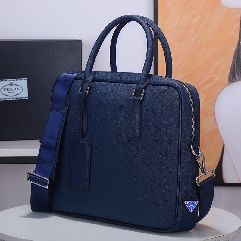 Prada 2VE363 Side Triangle Saffiano Leather Briefcase In Blue