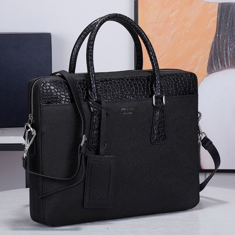 Prada 2VE368 Crocodile and Saffiano Leather Briefcase In Black