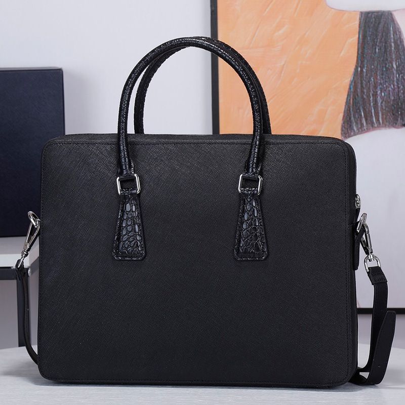 Prada 2VE368 Crocodile and Saffiano Leather Briefcase In Black