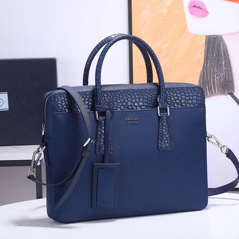 Prada 2VE368 Crocodile and Saffiano Leather Briefcase In Blue