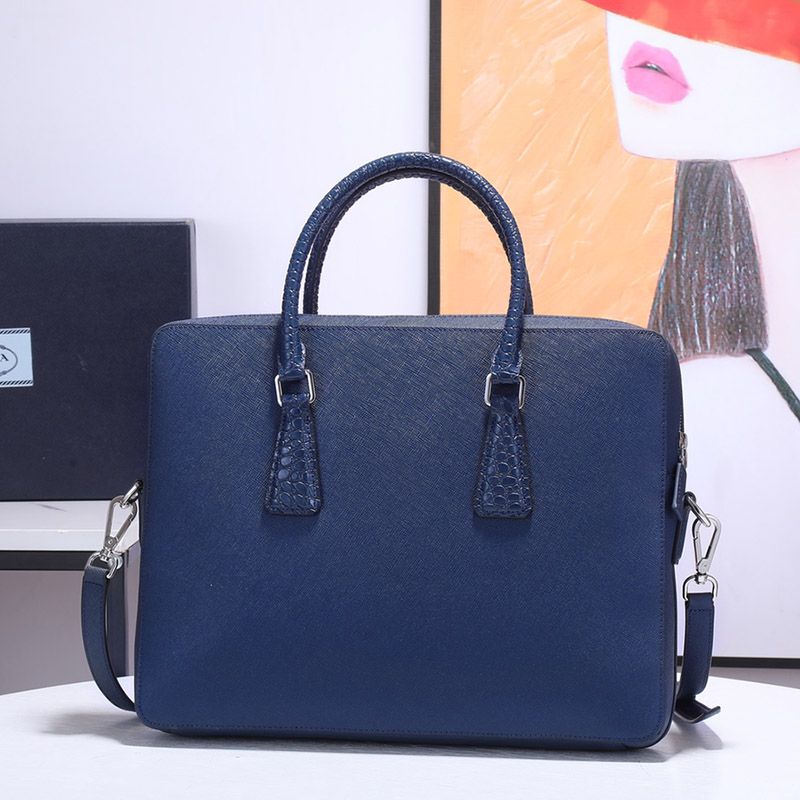 Prada 2VE368 Crocodile and Saffiano Leather Briefcase In Blue