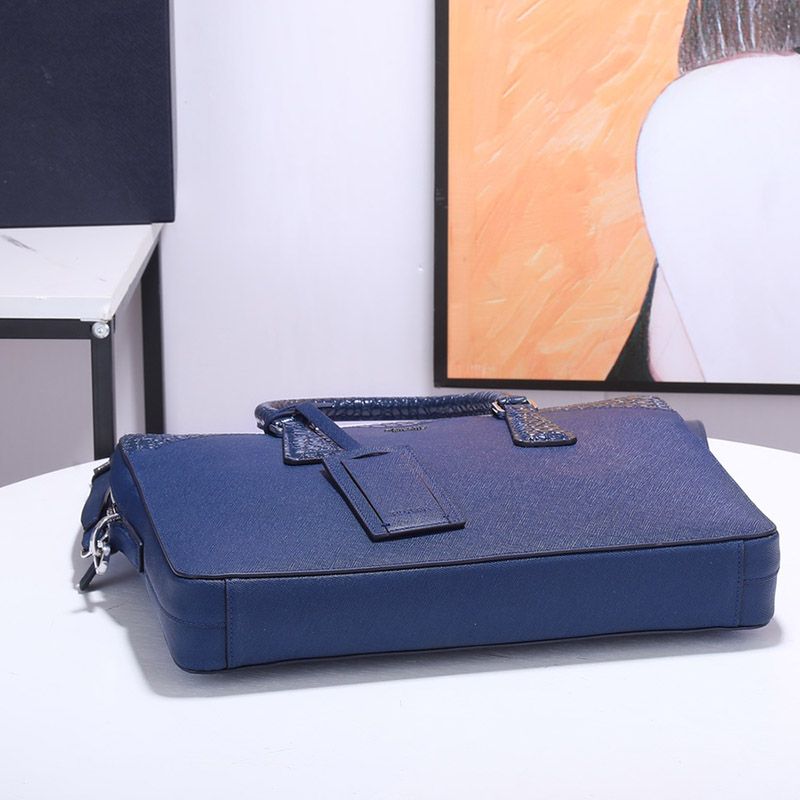 Prada 2VE368 Crocodile and Saffiano Leather Briefcase In Blue