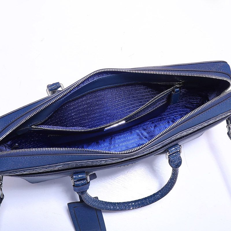 Prada 2VE368 Crocodile and Saffiano Leather Briefcase In Blue