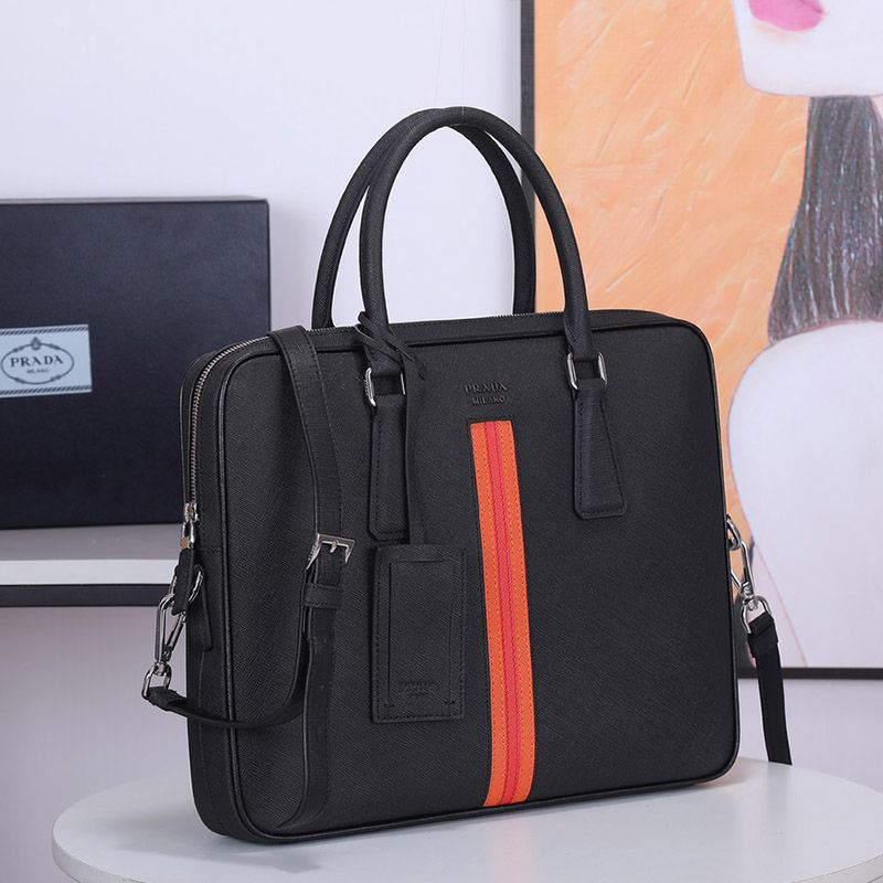 Prada 2VE368 Ribbon Saffiano Leather Briefcase In Black/Orange