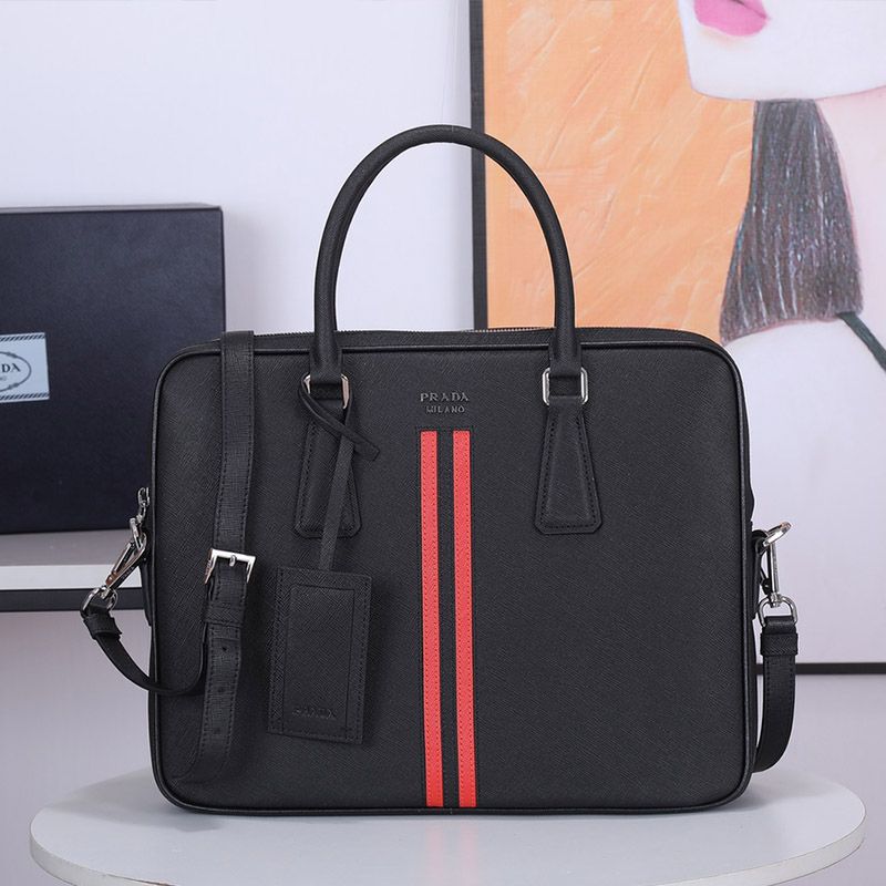 Prada 2VE368 Ribbon Saffiano Leather Briefcase In Black/Red