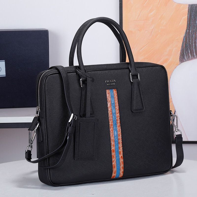 Prada 2VE368 Ribbon Saffiano Crocodile Pattern Briefcase In Black/Orange