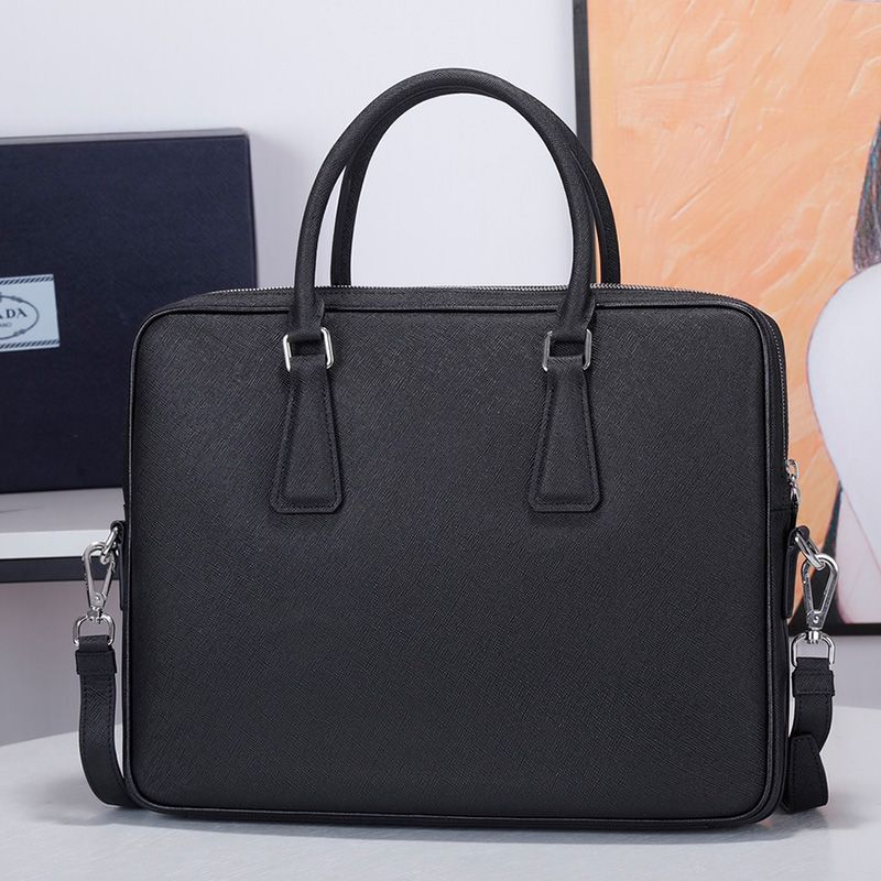 Prada 2VE368 Ribbon Saffiano Crocodile Pattern Briefcase In Black/Orange