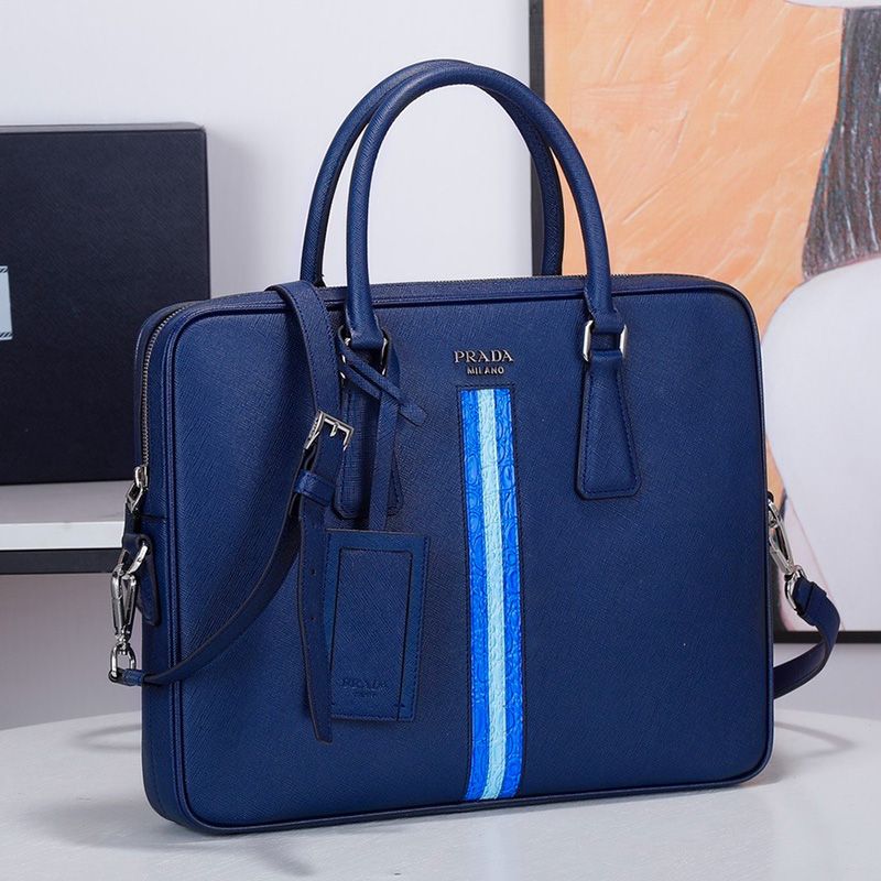 Prada 2VE368 Ribbon Saffiano Crocodile Pattern Briefcase In Blue