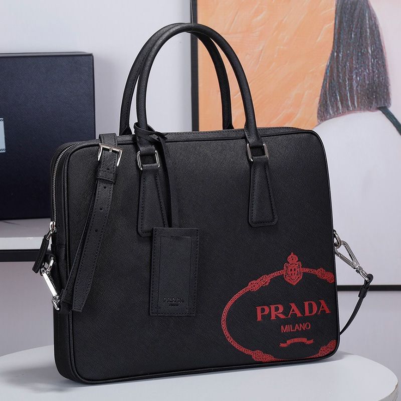 Prada 2VE368 Silk-screened Logo Saffiano Leather Briefcase In Black/Red