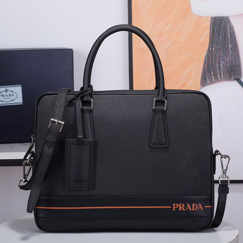 Prada 2VE368 Stripe-screened Logo Saffiano Leather Briefcase In Black/Orange