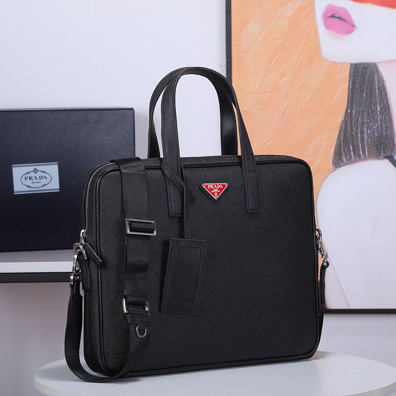 Prada 2VE368 Triangle Saffiano Leather Briefcase In Black/Red